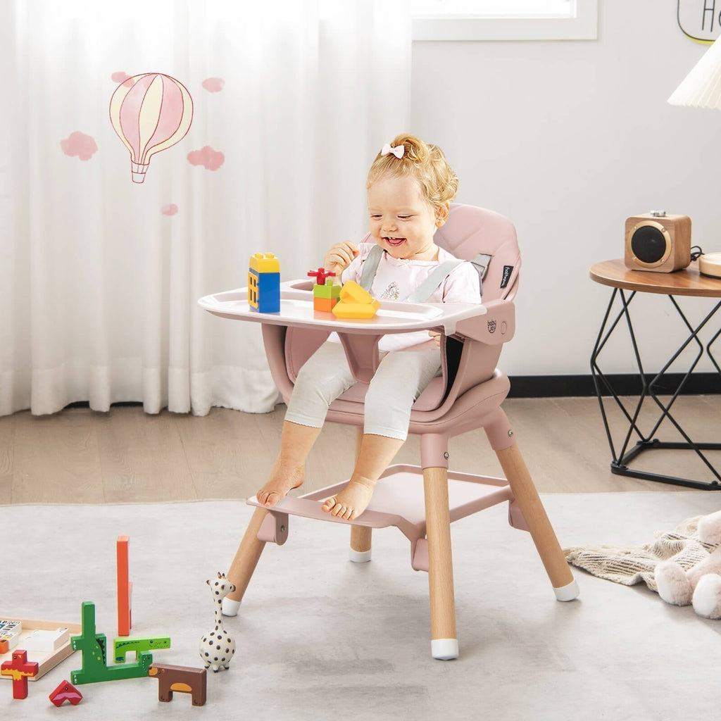 6 in 1 Convertible Highchair with Safety Harness and Removable Tray-Pink