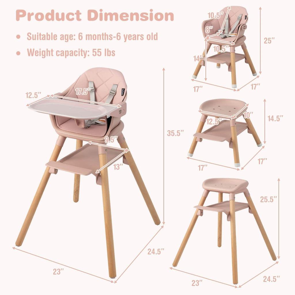 6 in 1 Convertible Highchair with Safety Harness and Removable Tray-Pink