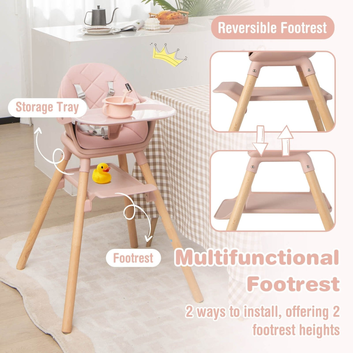6 in 1 Convertible Highchair with Safety Harness and Removable Tray-Pink