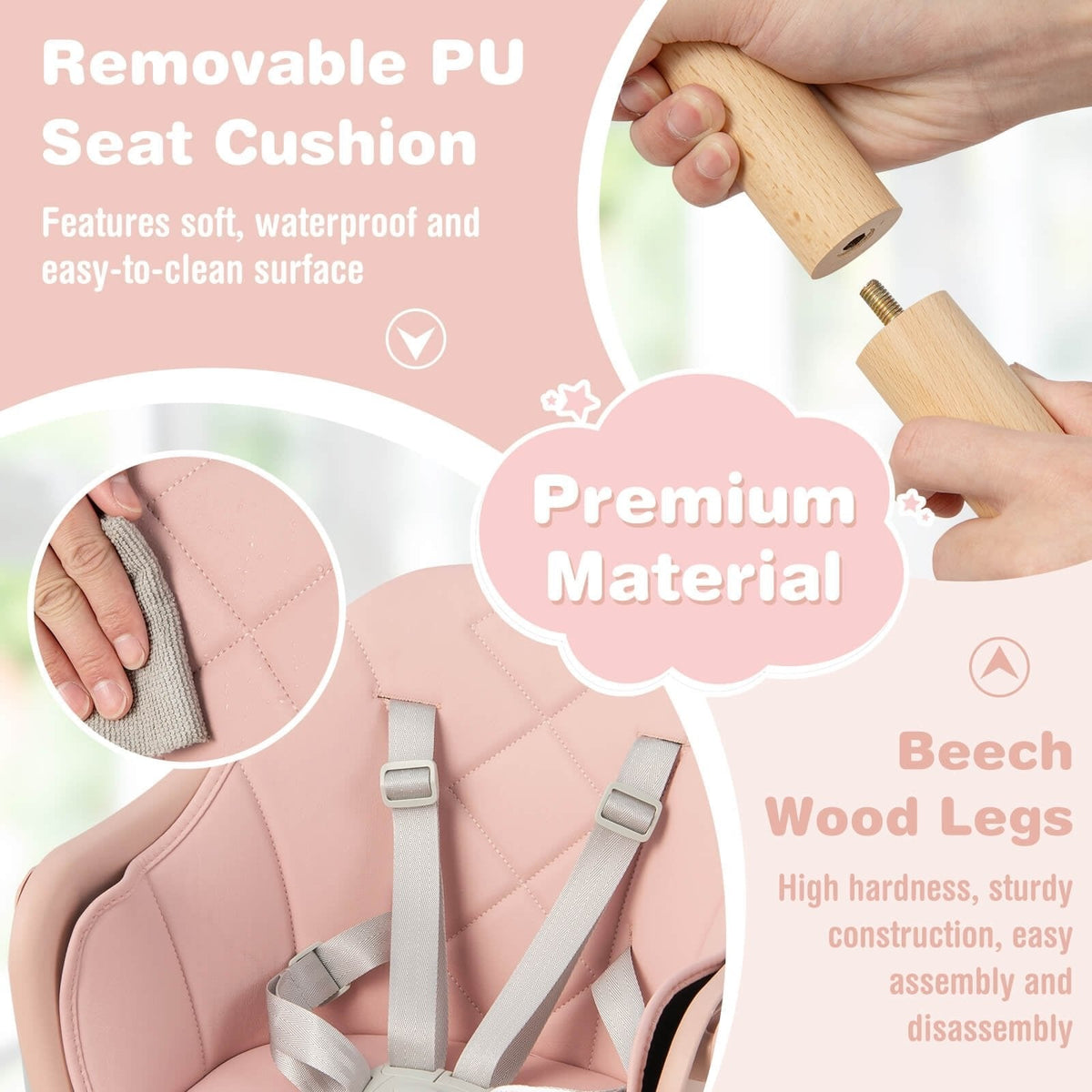 6 in 1 Convertible Highchair with Safety Harness and Removable Tray-Pink