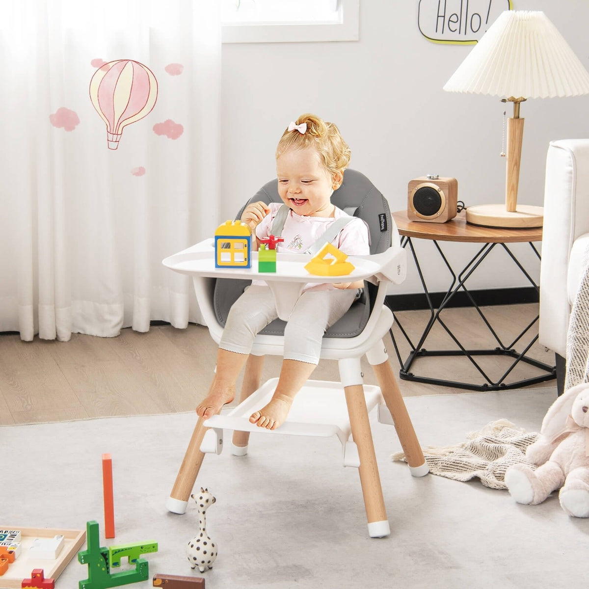 Chaise haute convertible 6-en-1 avec harnais de sécurité et plateau amovible – Blanc
