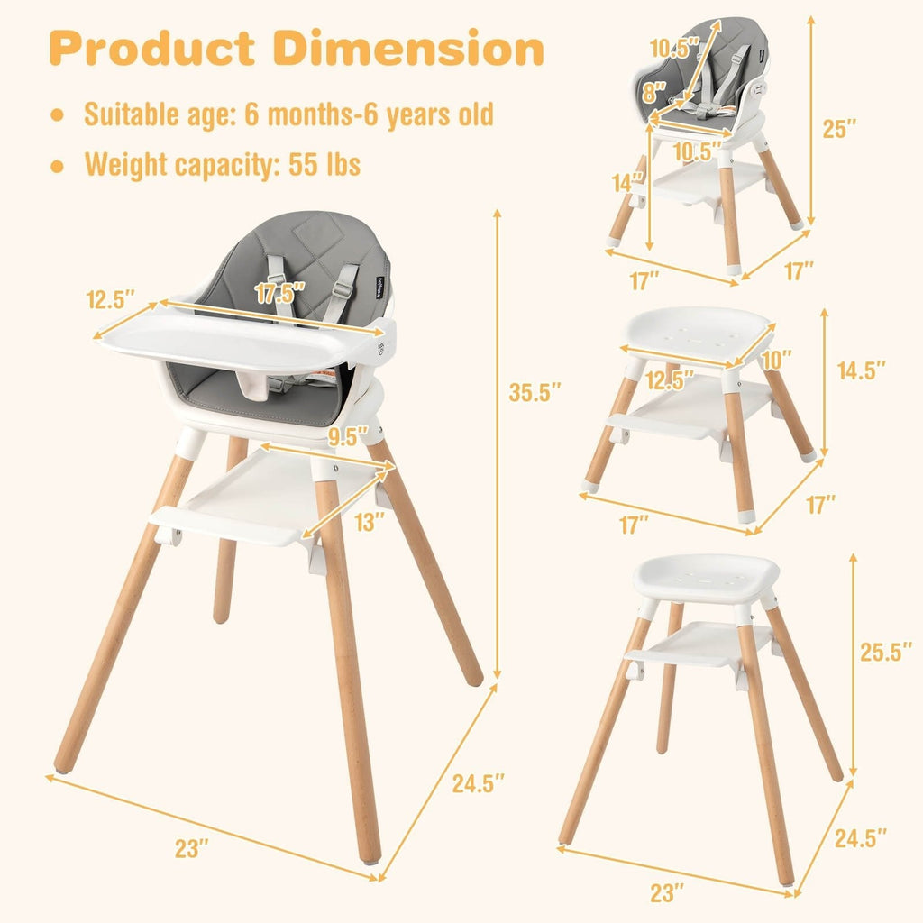 Chaise haute convertible 6-en-1 avec harnais de sécurité et plateau amovible – Blanc