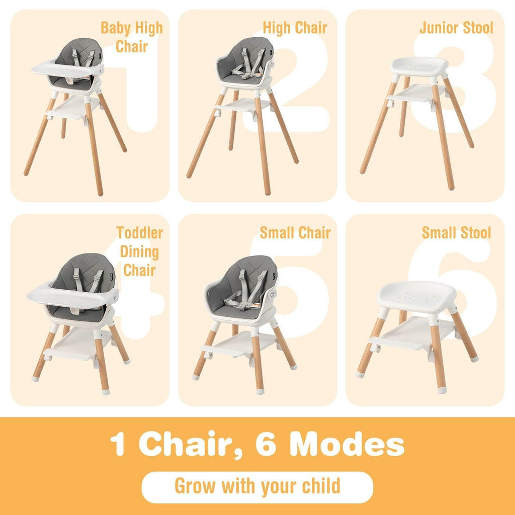 Chaise haute convertible 6-en-1 avec harnais de sécurité et plateau amovible – Blanc