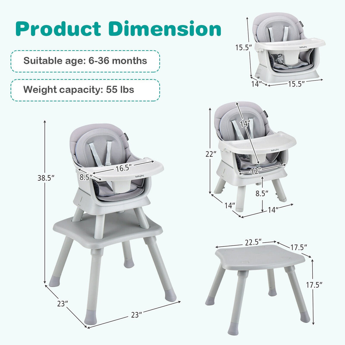 Chaise haute bébé évolutive 6-en-1 avec plateau réglable amovible - Gris