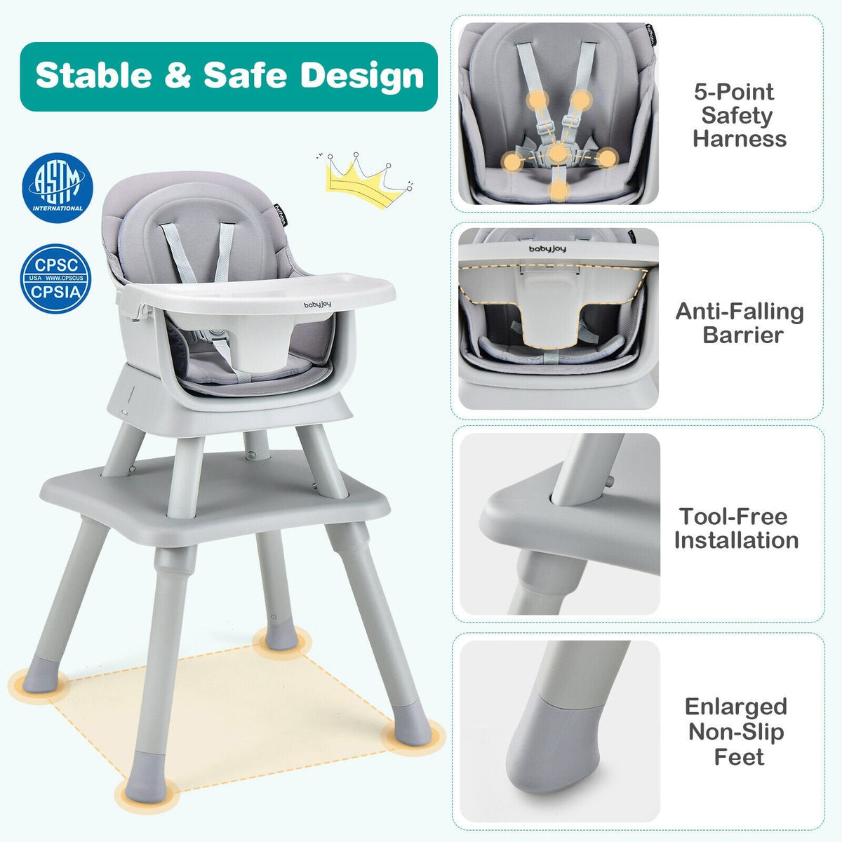 Chaise haute bébé évolutive 6-en-1 avec plateau réglable amovible - Gris