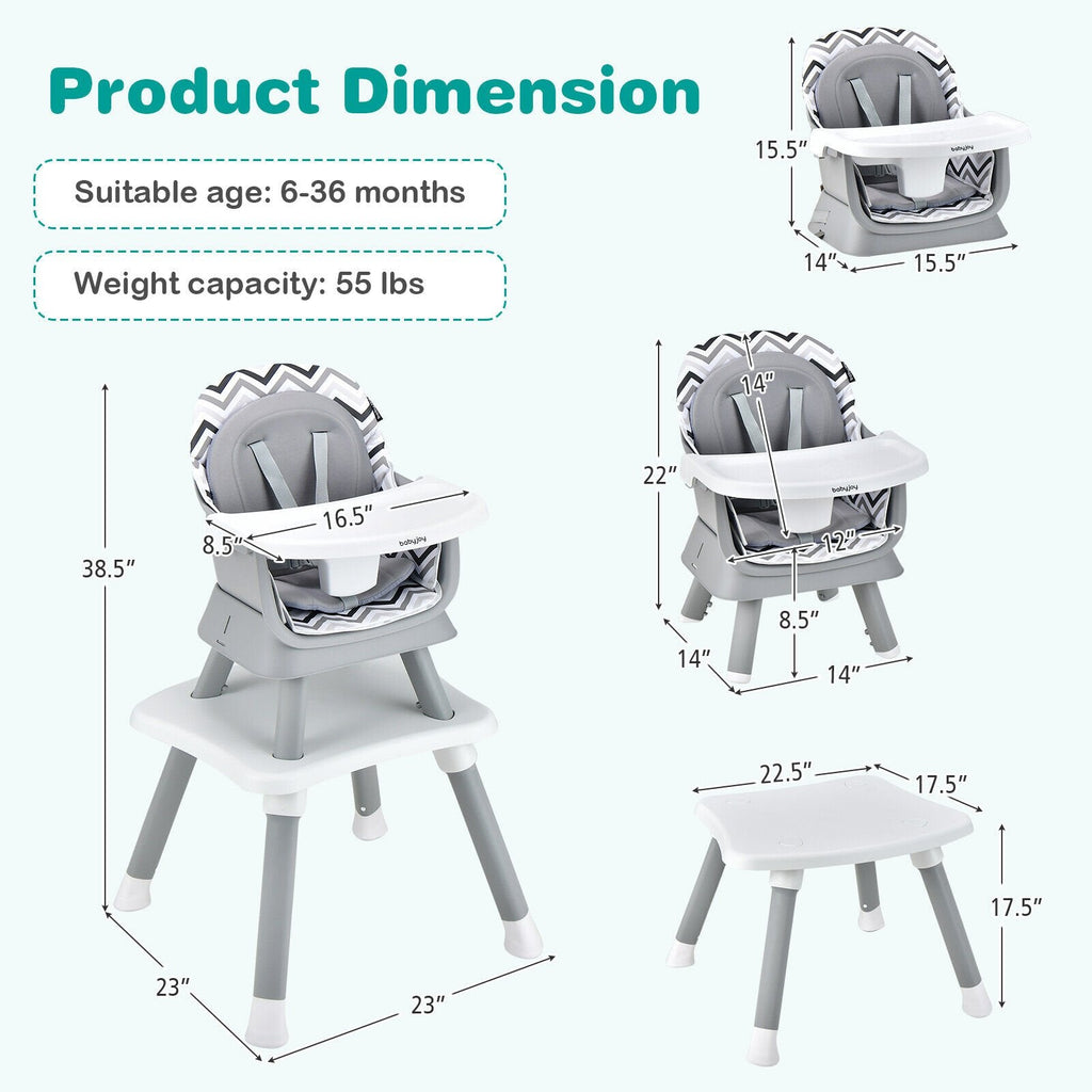 Chaise haute bébé convertible 6 en 1 avec plateau amovible et réglable - Gris et blanc