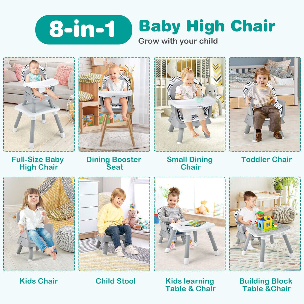 Chaise haute bébé convertible 6 en 1 avec plateau amovible et réglable - Gris et blanc