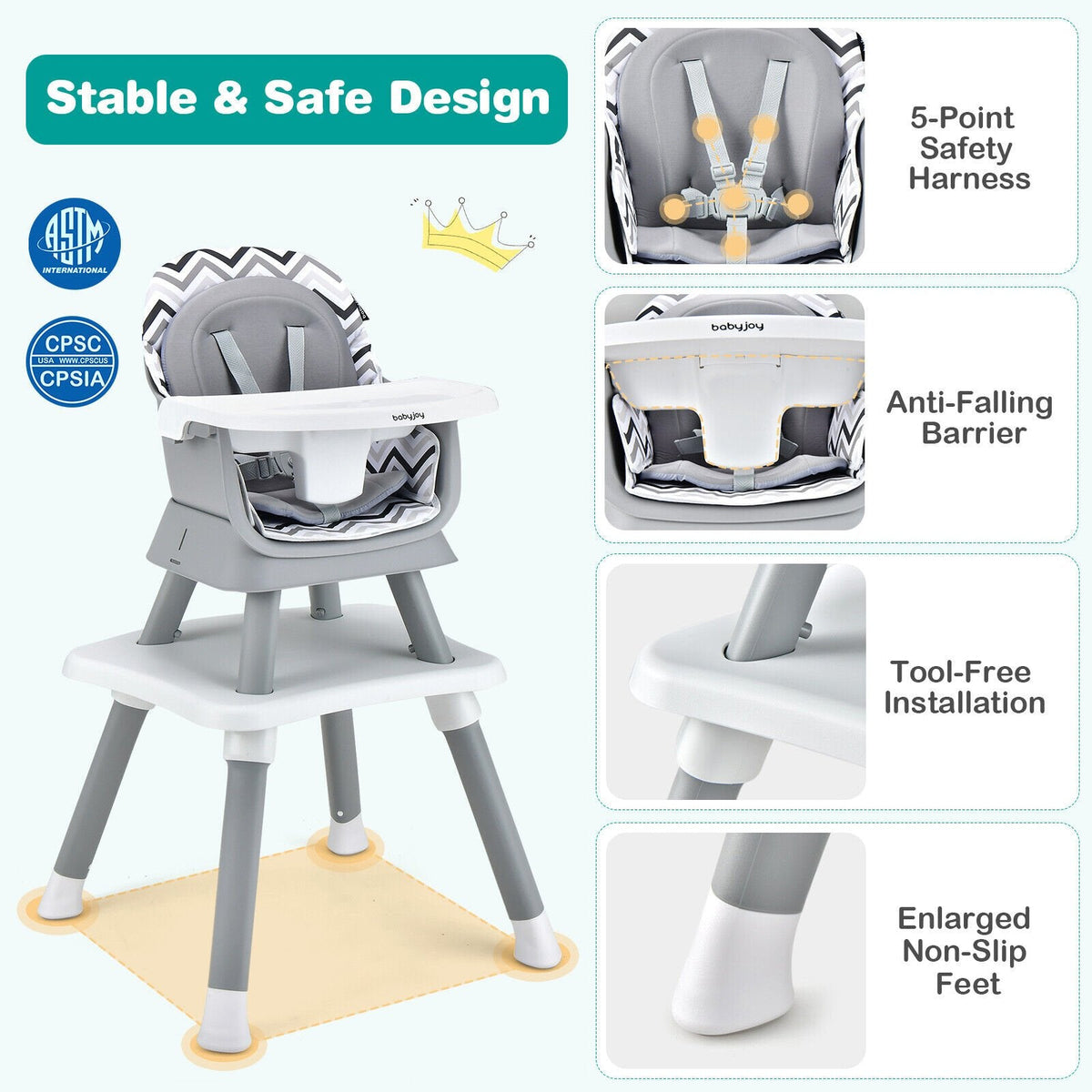 Chaise haute bébé convertible 6 en 1 avec plateau amovible et réglable - Gris et blanc