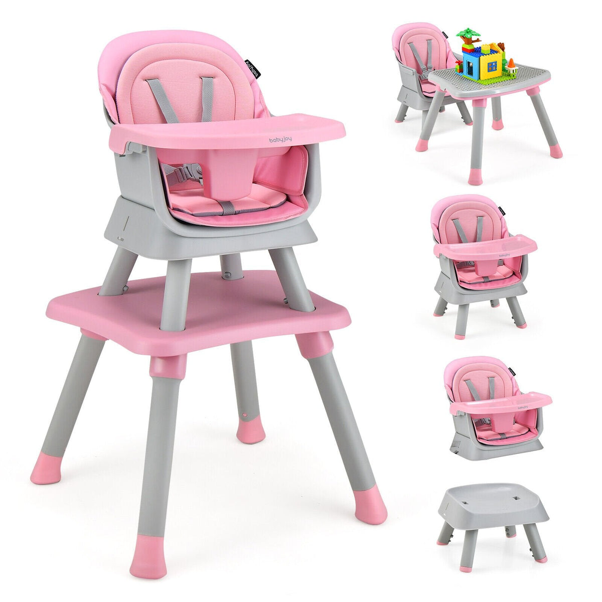 Trona convertible 6 en 1 con bandeja extraíble ajustable - Rosa