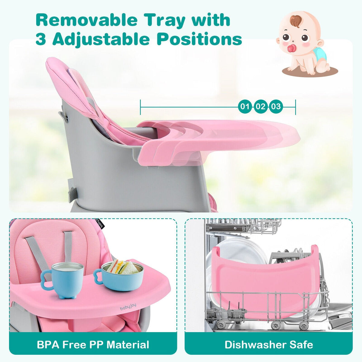 Trona convertible 6 en 1 con bandeja extraíble ajustable - Rosa