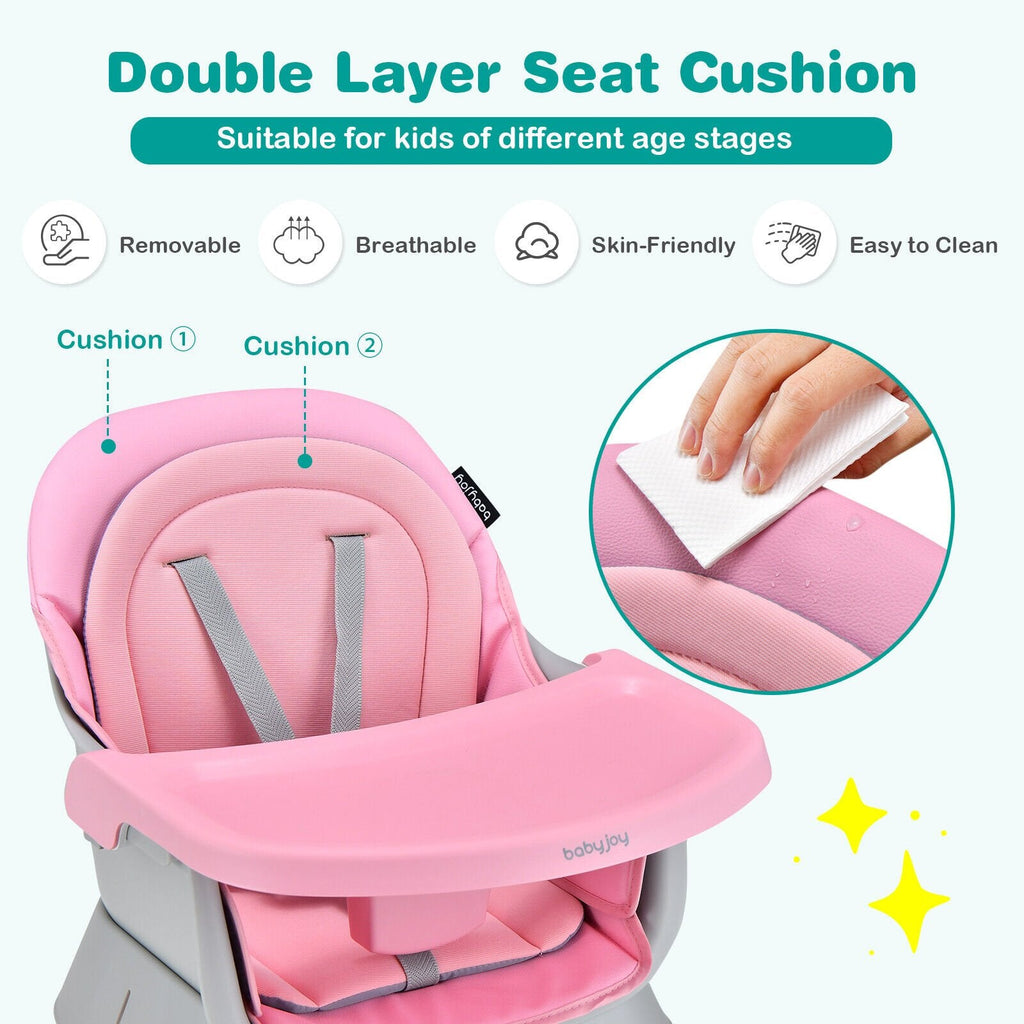 Trona convertible 6 en 1 con bandeja extraíble ajustable - Rosa