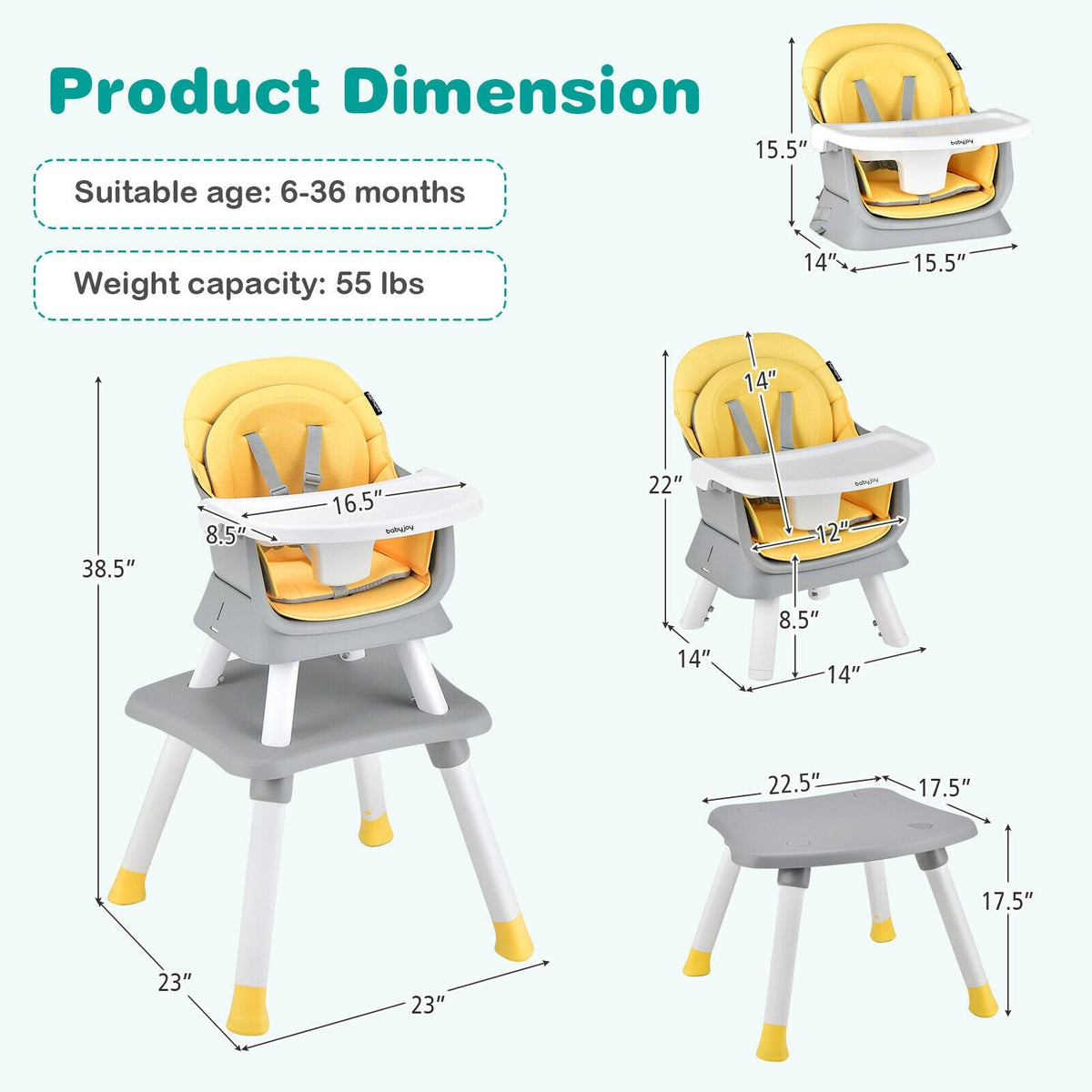 Chaise haute bébé convertible 6-en-1 avec plateau réglable et amovible - Jaune