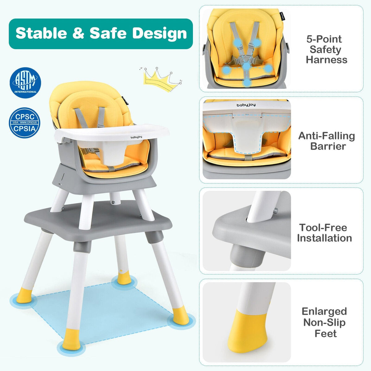 Chaise haute bébé convertible 6-en-1 avec plateau réglable et amovible - Jaune
