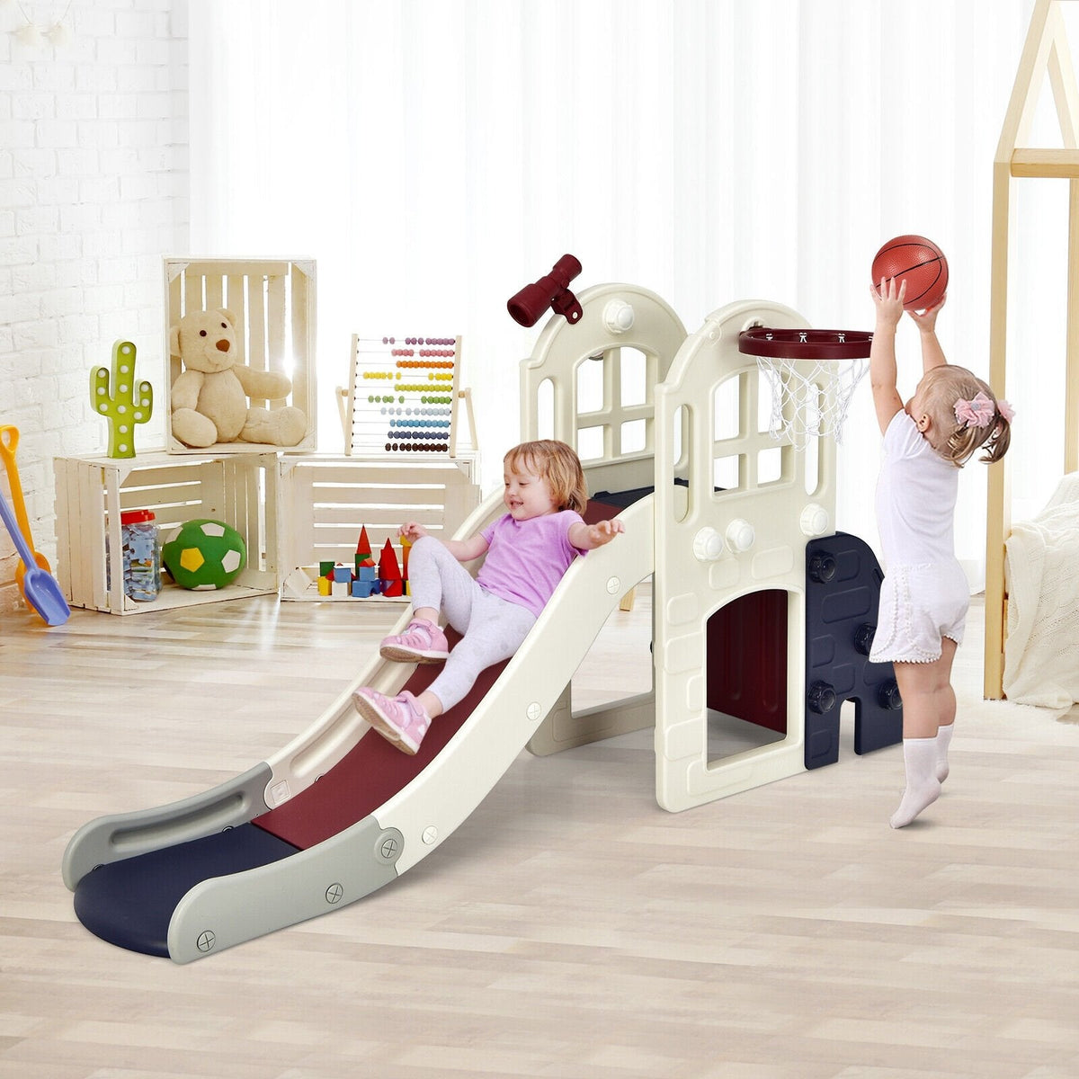 Große 6-in-1-Rutsche für Kinder und Kleinkinder, Kletter-Spielset mit Basketballkorb – Blau