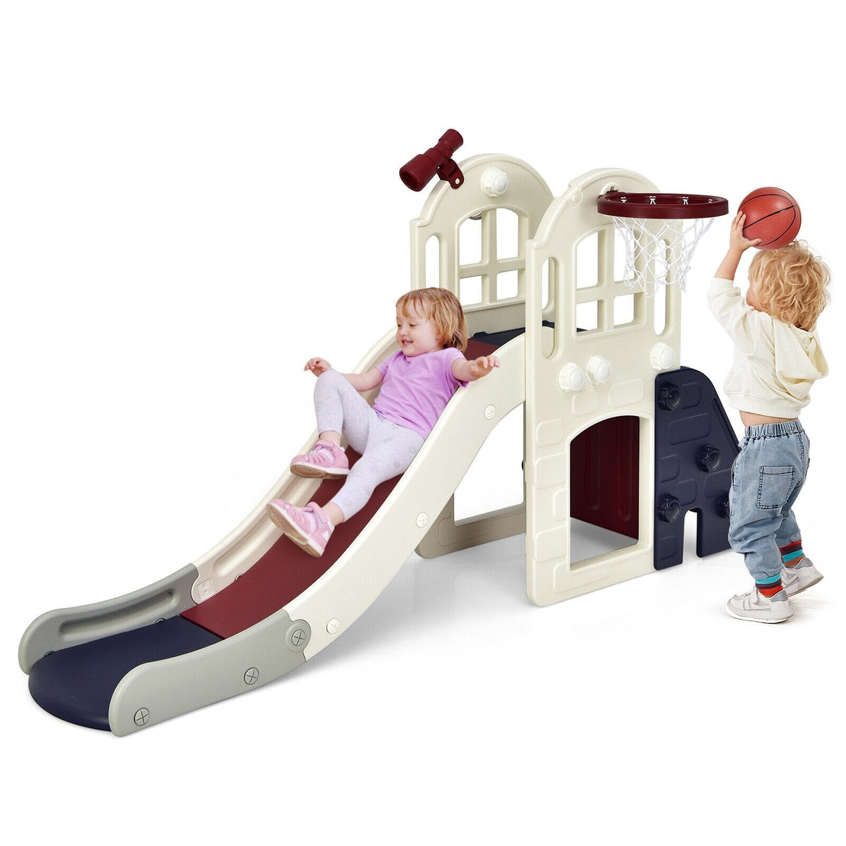 Große 6-in-1-Rutsche für Kinder und Kleinkinder, Kletter-Spielset mit Basketballkorb – Blau