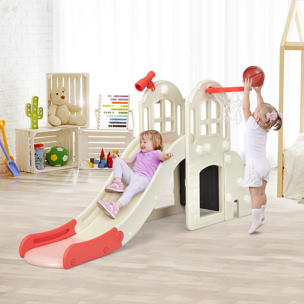 Tobogán grande 6 en 1 para niños, juego de tobogán con trepador y aro de baloncesto - Rosa