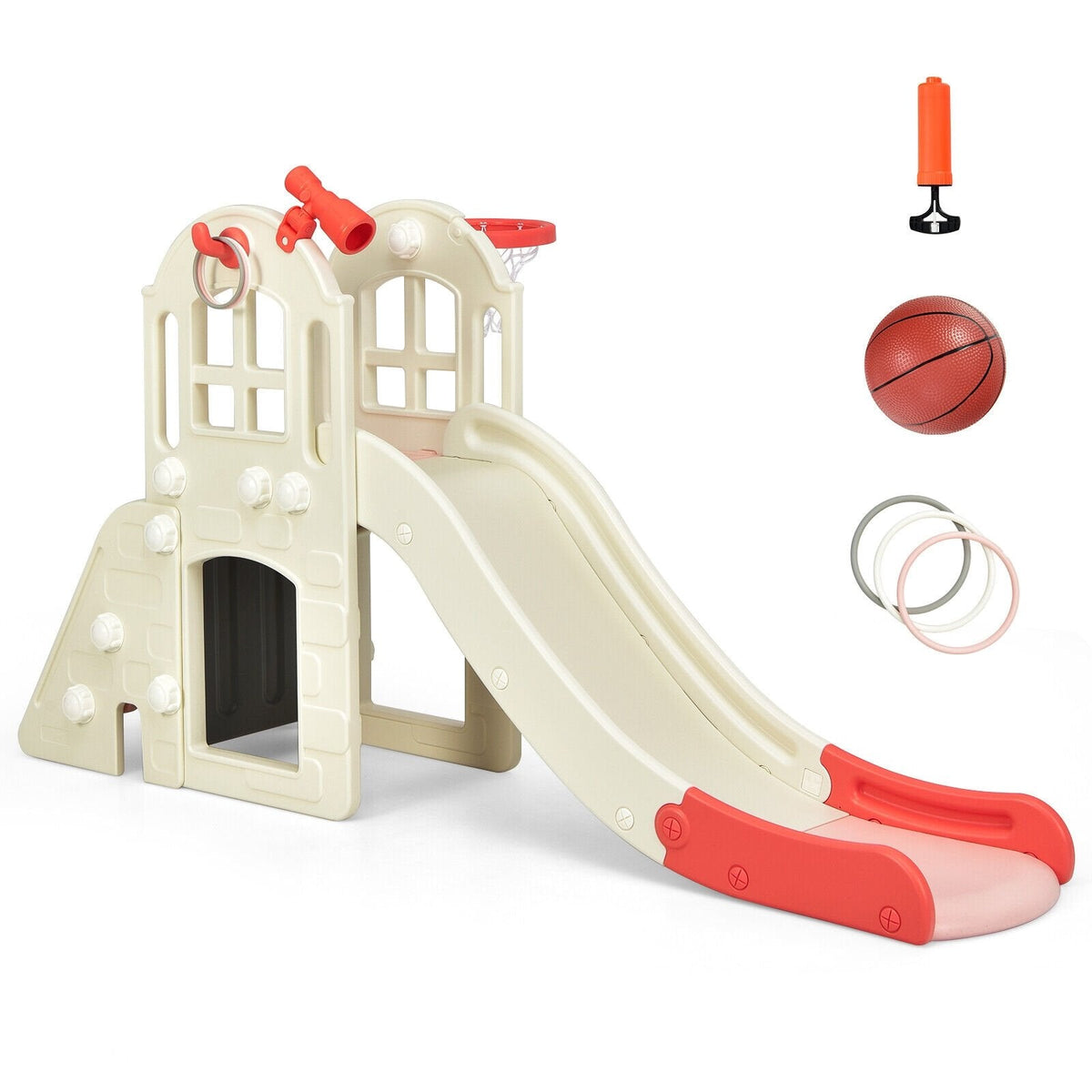Tobogán grande 6 en 1 para niños, juego de tobogán con trepador y aro de baloncesto - Rosa