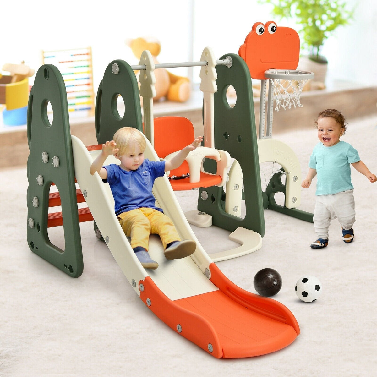 6-in-1 Kleinkind-Rutsche und Schaukelset mit Ballspielen – Orange