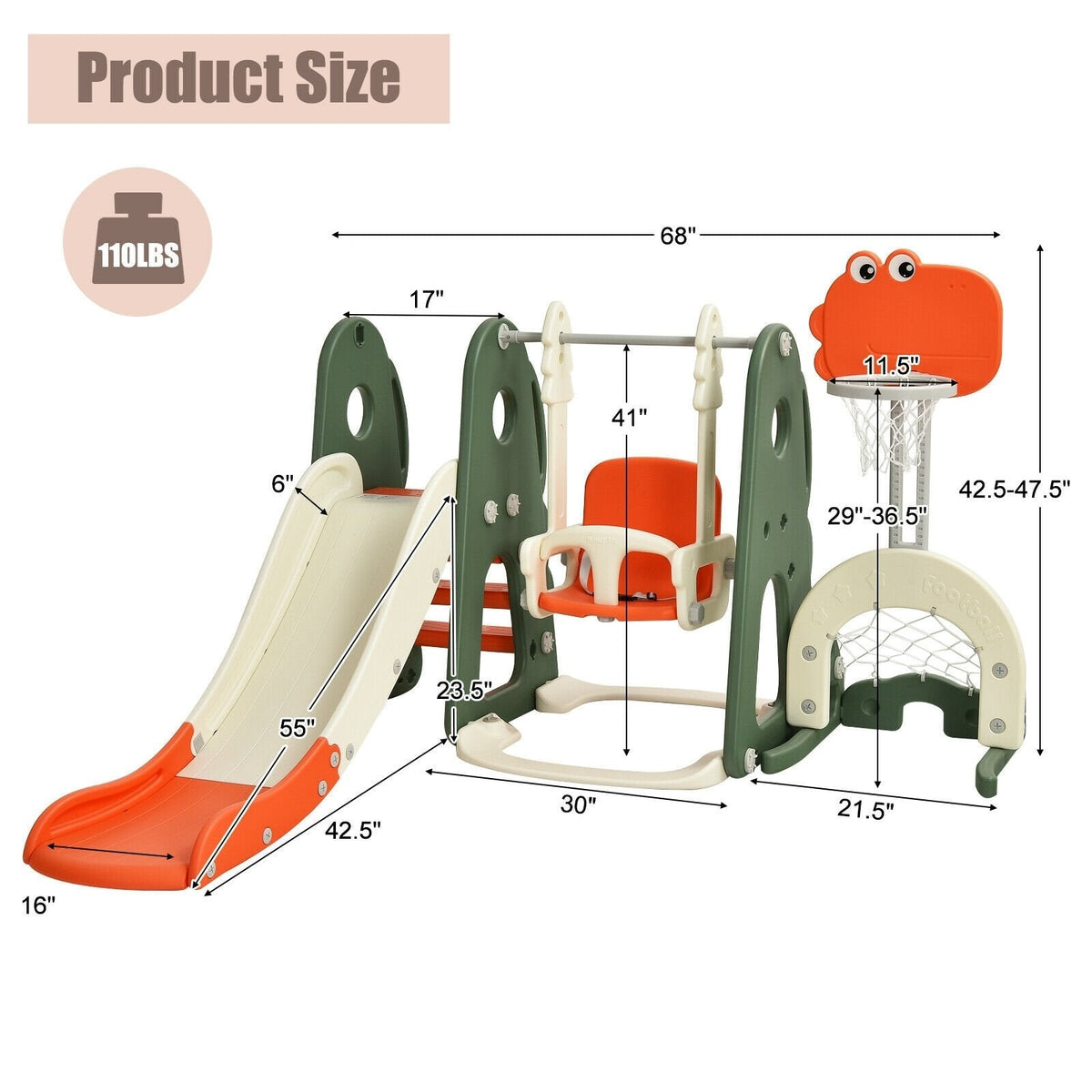 6-in-1 Kleinkind-Rutsche und Schaukelset mit Ballspielen – Orange