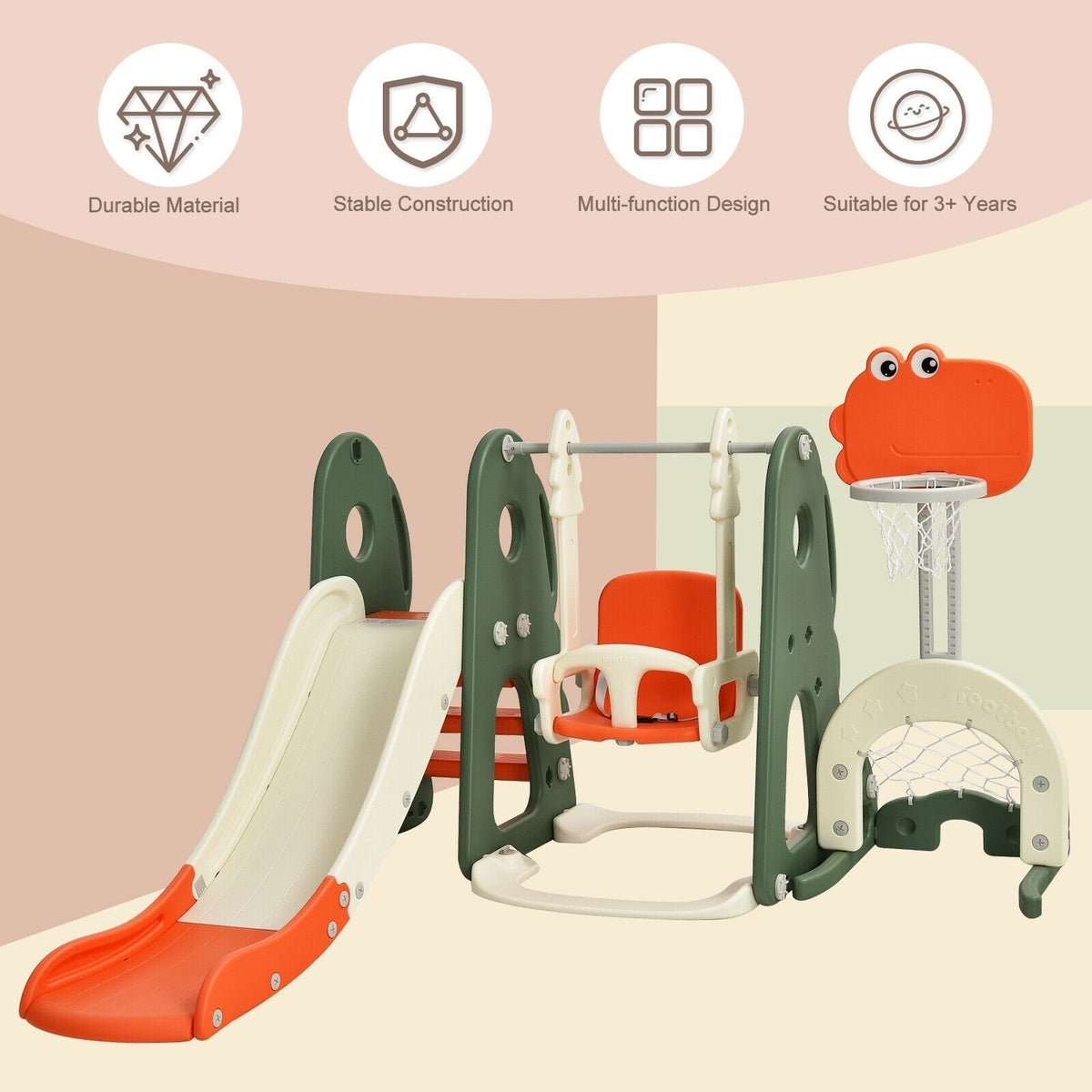 6-in-1 Kleinkind-Rutsche und Schaukelset mit Ballspielen – Orange