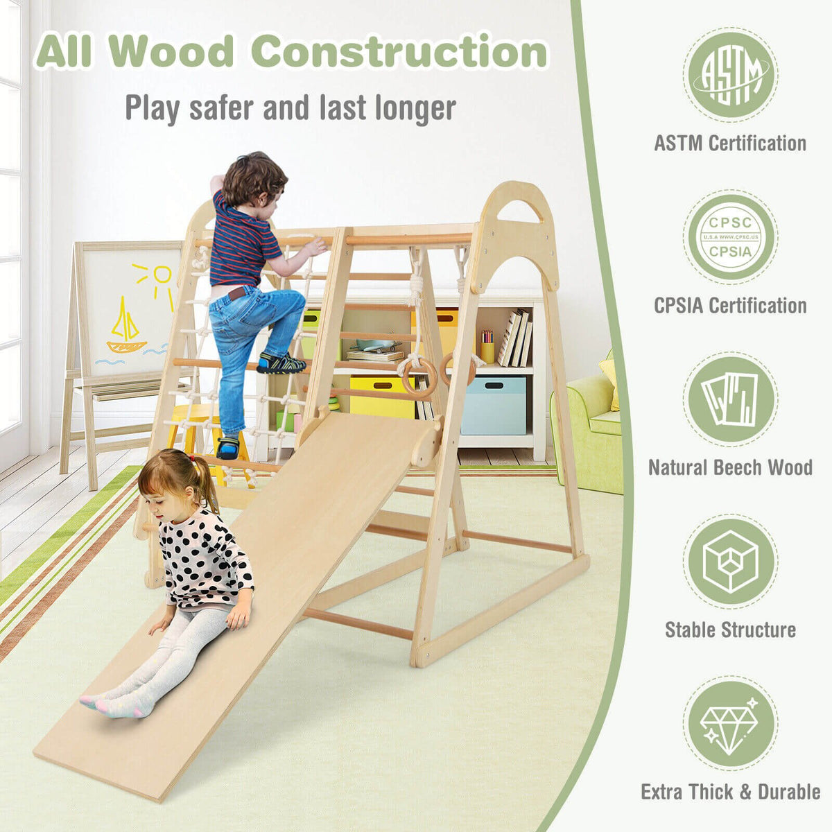 6-in-1 Wooden Kids Jungle Gym Playset with Slide Climbing Net-Natural