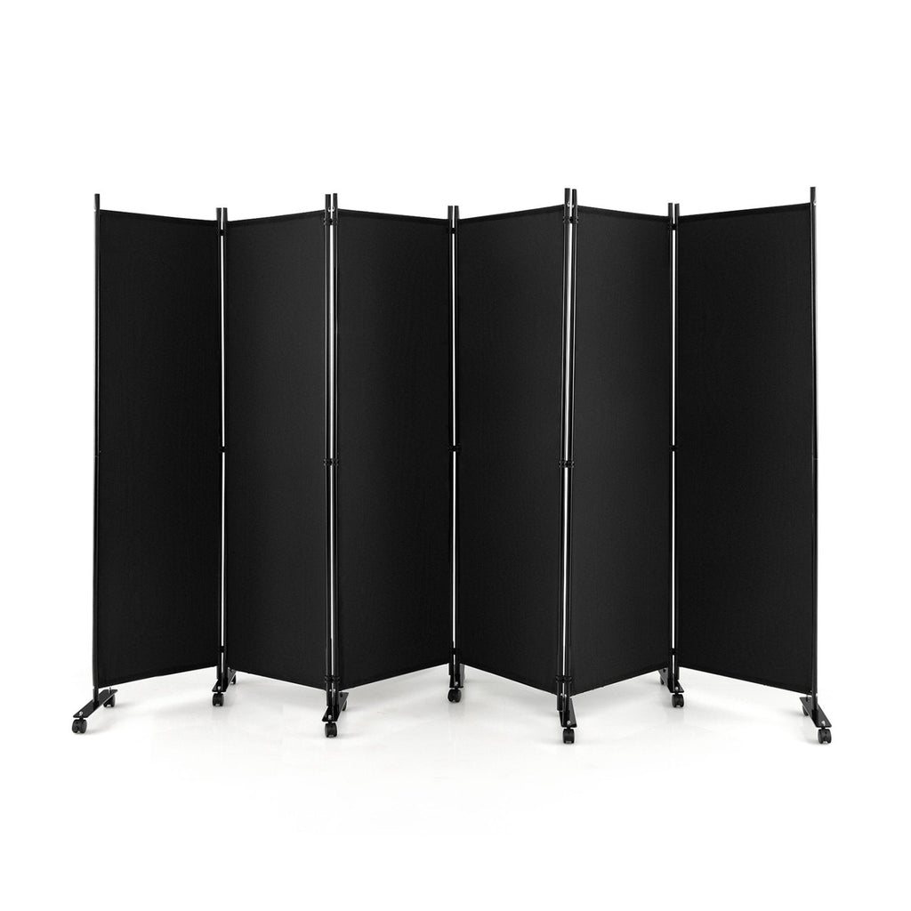 Séparateur de pièce roulant noir à 6 panneaux, hauteur 1,74 m, avec roulettes