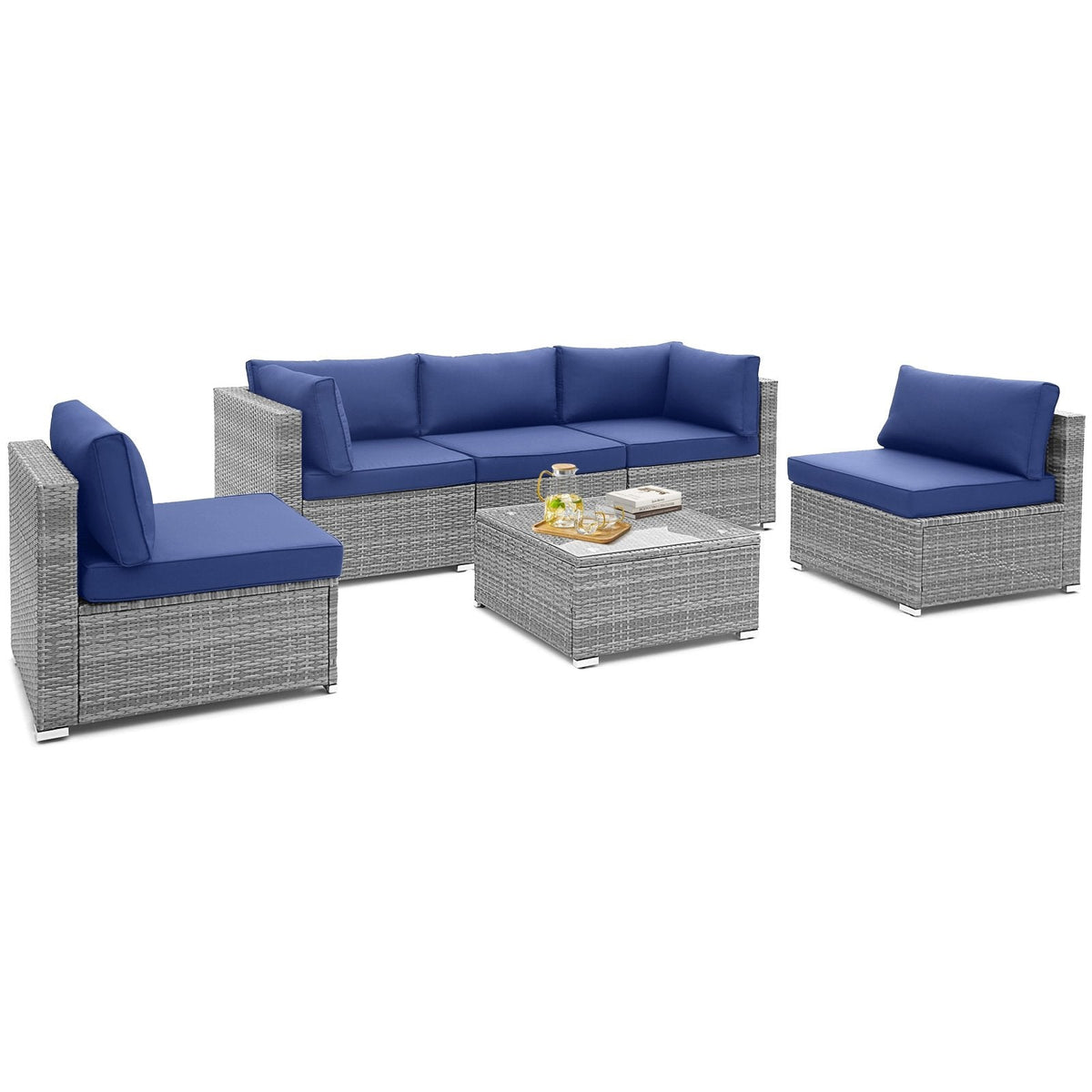 6 Piece Gray Wicker Patio Sectional Conversation Set with Glass Top Coffee Table, Navy