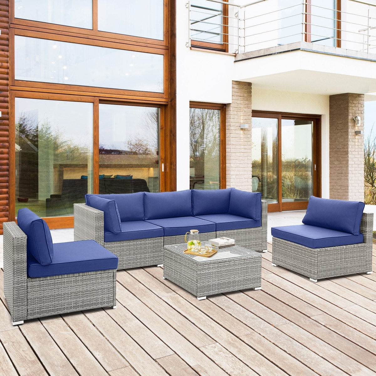 6 Piece Gray Wicker Patio Sectional Conversation Set with Glass Top Coffee Table, Navy