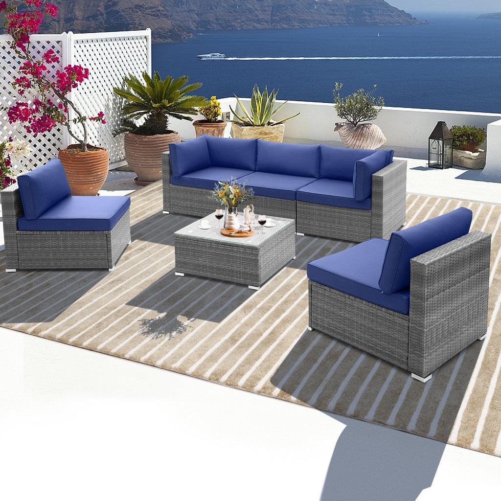 6 Piece Gray Wicker Patio Sectional Conversation Set with Glass Top Coffee Table, Navy