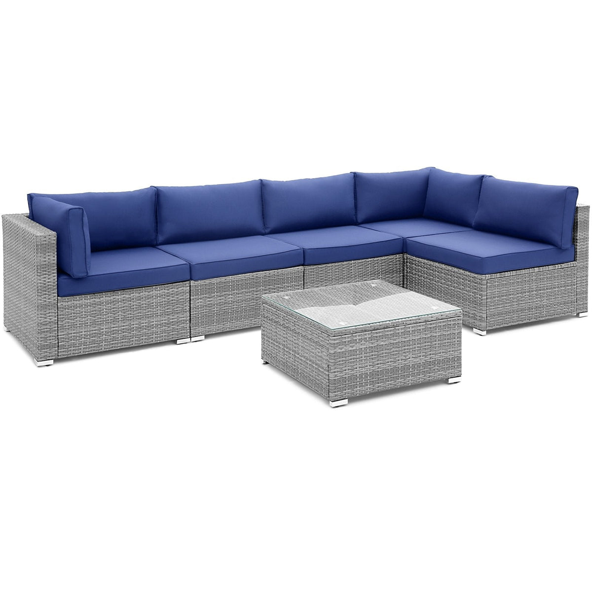 6 Piece Gray Wicker Patio Sectional Conversation Set with Glass Top Coffee Table, Navy