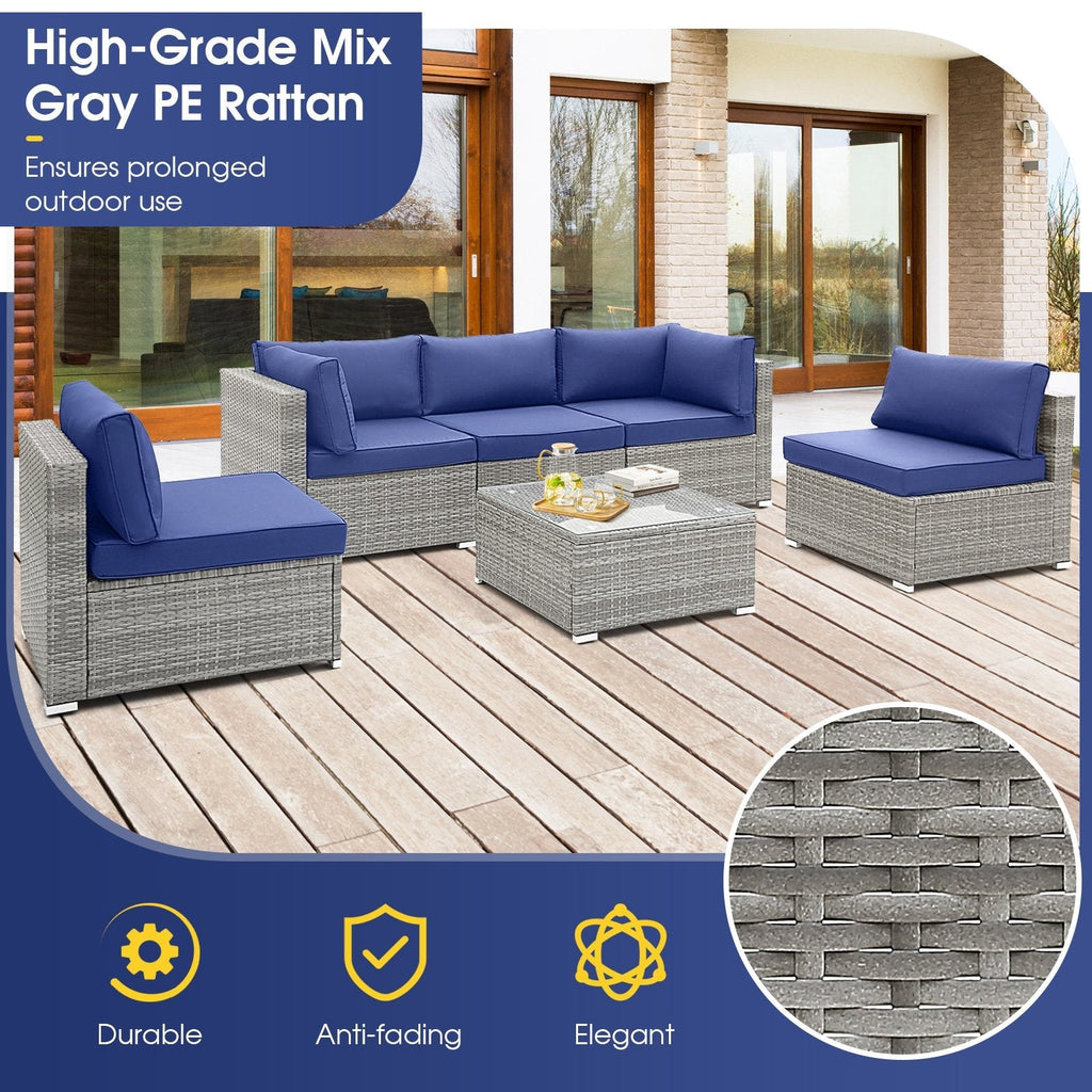 6 Piece Gray Wicker Patio Sectional Conversation Set with Glass Top Coffee Table, Navy