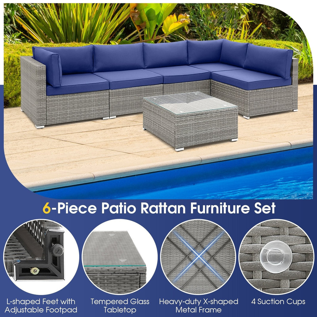 6 Piece Gray Wicker Patio Sectional Conversation Set with Glass Top Coffee Table, Navy