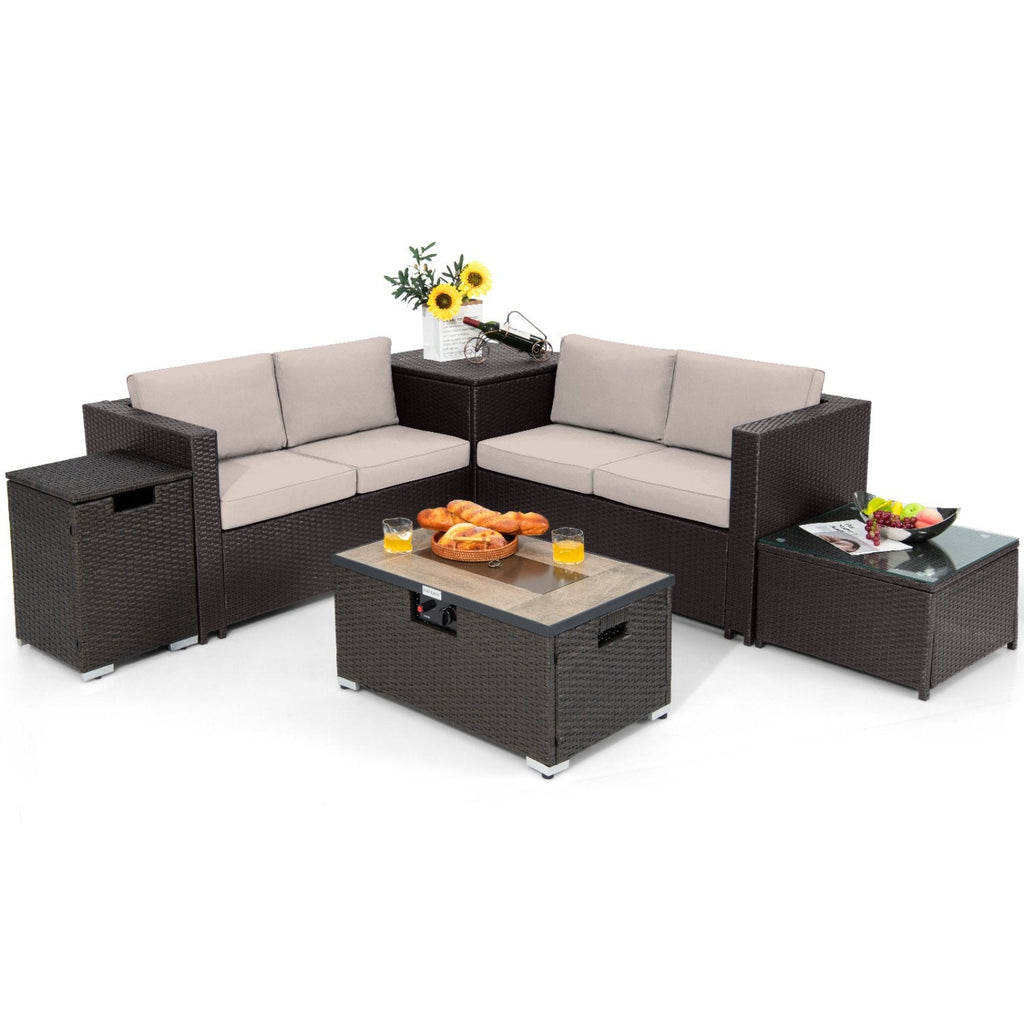 Set de conversación para patio de mimbre de 6 piezas con mesa fogata de propano de 32 pulgadas, cojines beige