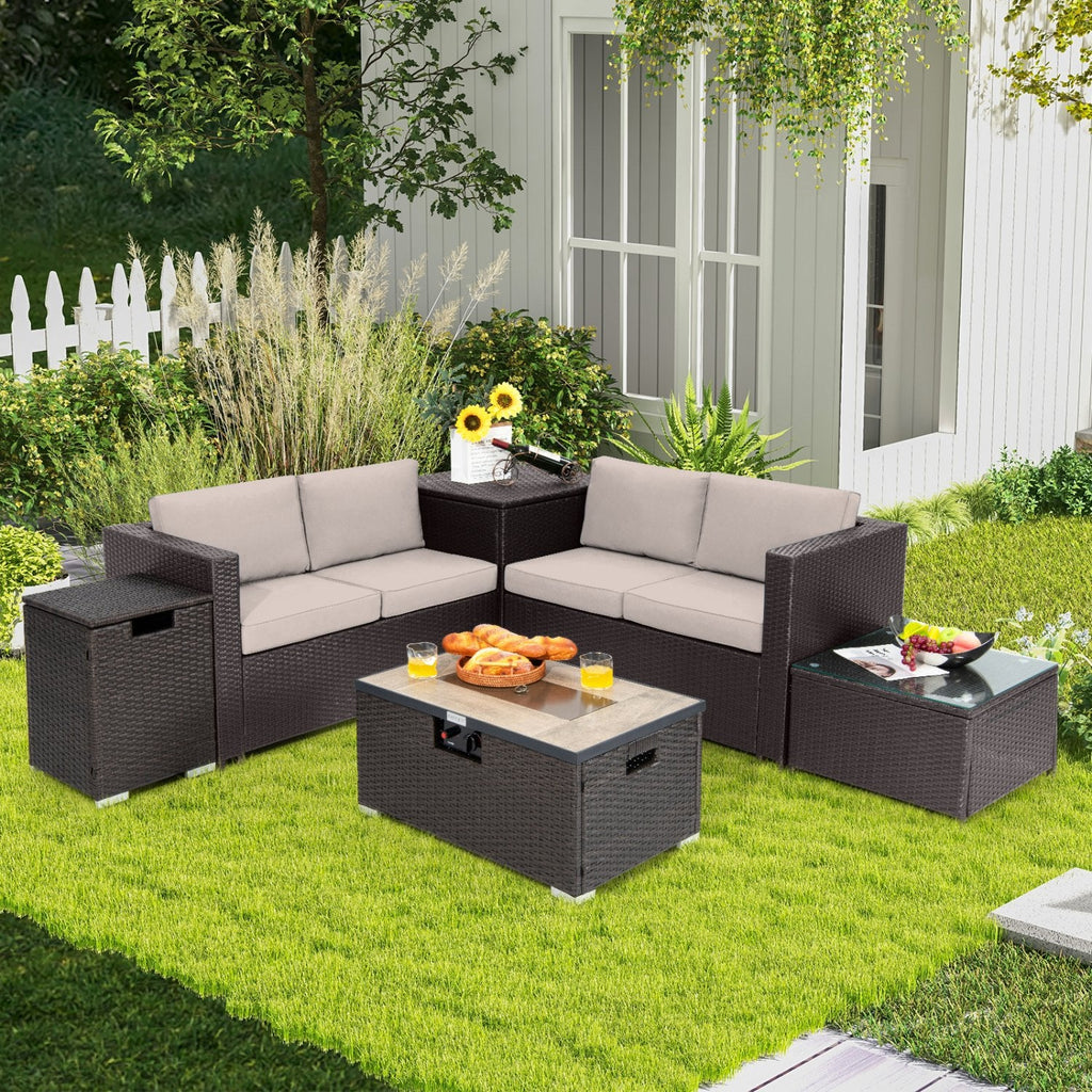 Set de conversación para patio de mimbre de 6 piezas con mesa fogata de propano de 32 pulgadas, cojines beige