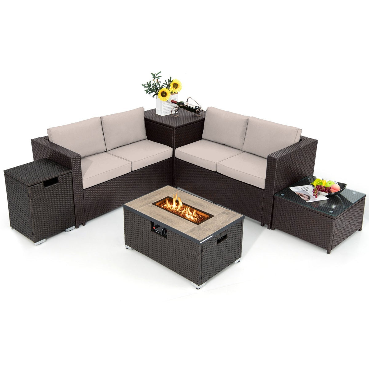 Set de conversación para patio de mimbre de 6 piezas con mesa fogata de propano de 32 pulgadas, cojines beige