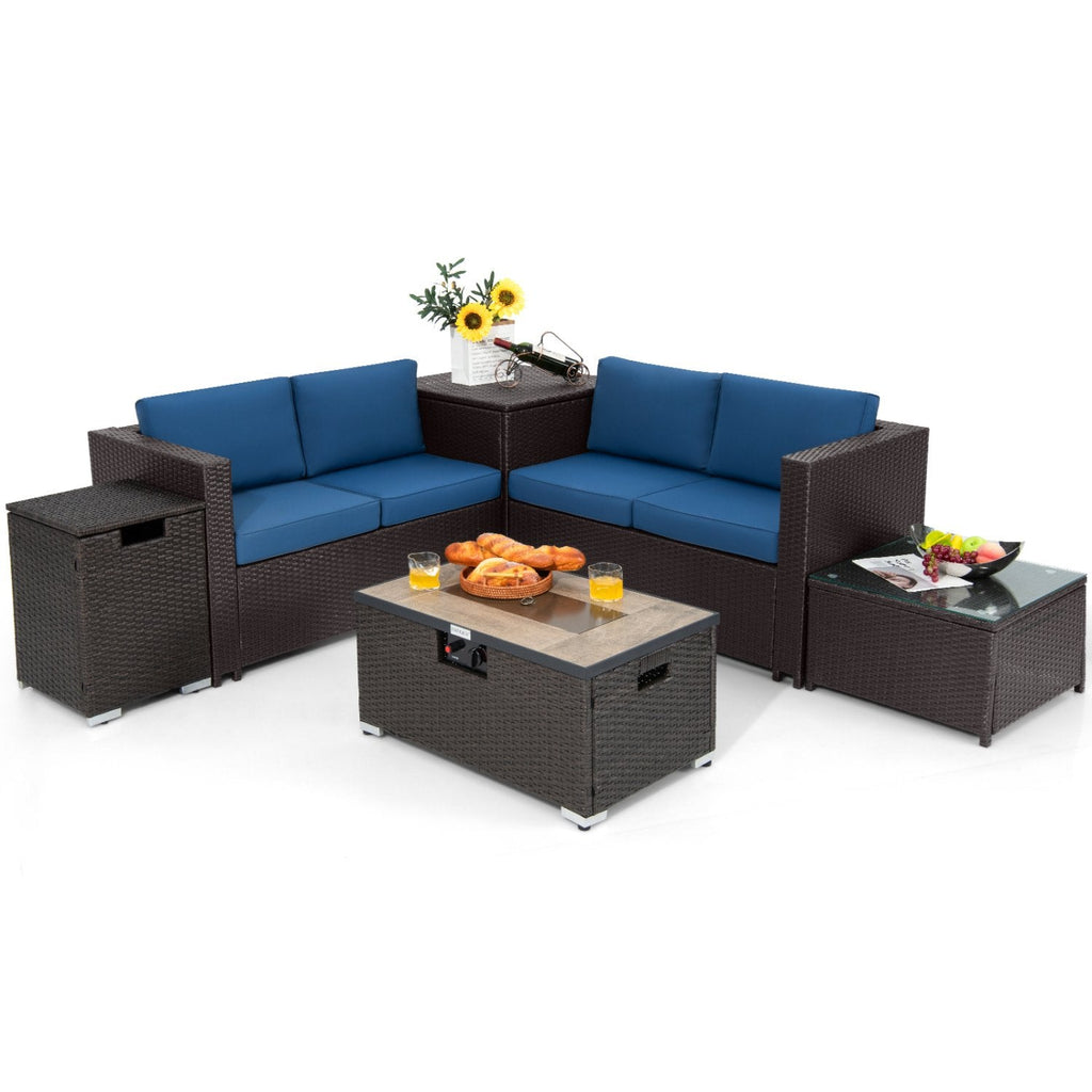 Set de conversación para patio de mimbre de 6 piezas con mesa de fogata de propano de 32 pulgadas y cojines azul marino