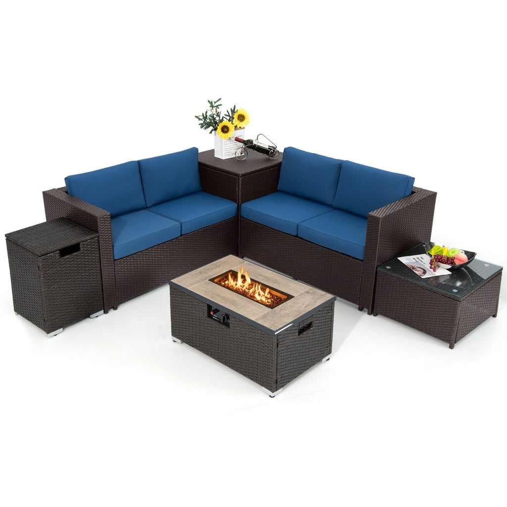 Set de conversación para patio de mimbre de 6 piezas con mesa de fogata de propano de 32 pulgadas y cojines azul marino