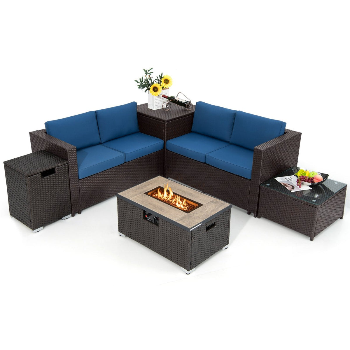 Set de conversación para patio de mimbre de 6 piezas con mesa de fogata de propano de 32 pulgadas y cojines azul marino