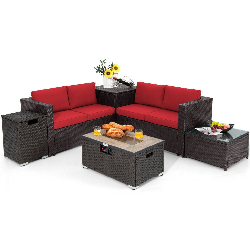 Juego de conversación para patio de mimbre de 6 piezas con mesa de fogata de propano de 32 pulgadas y cojines rojos