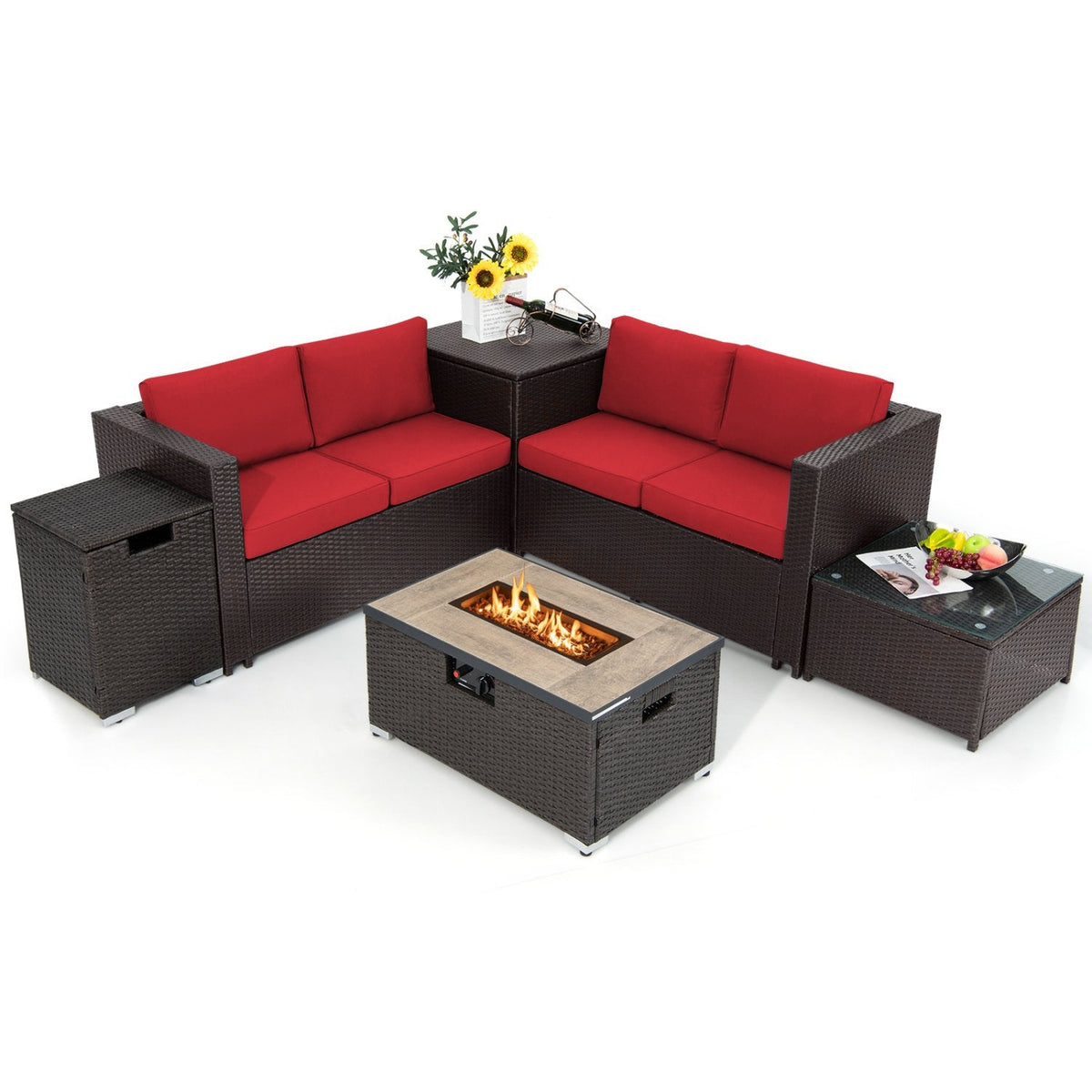 Juego de conversación para patio de mimbre de 6 piezas con mesa de fogata de propano de 32 pulgadas y cojines rojos