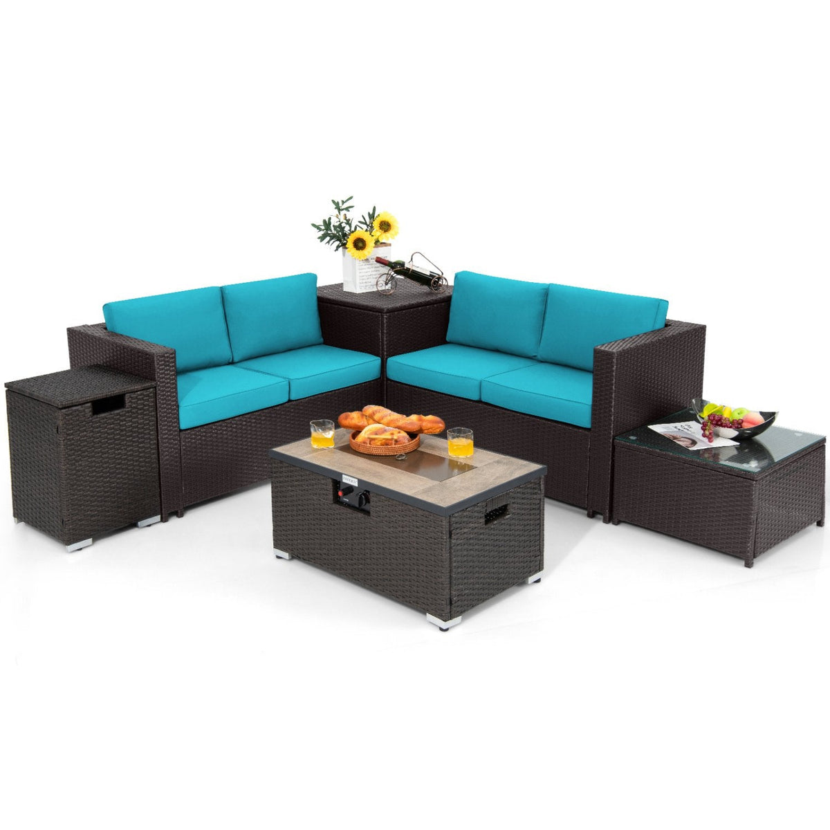 6 Piece Wicker Patio Conversation Set with 32 in Propane Fire Pit Table, Turquoise Cushions