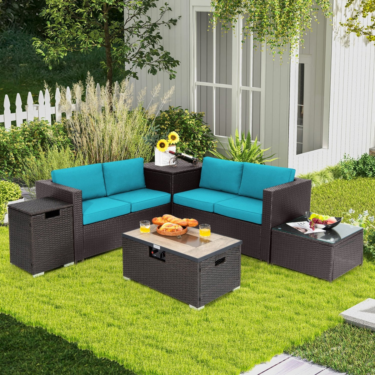 6 Piece Wicker Patio Conversation Set with 32 in Propane Fire Pit Table, Turquoise Cushions