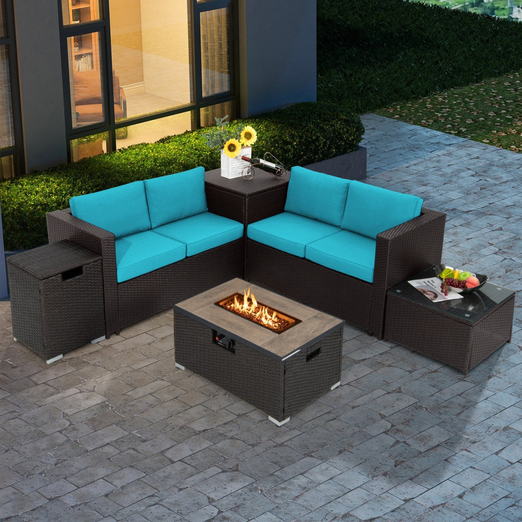 6 Piece Wicker Patio Conversation Set with 32 in Propane Fire Pit Table, Turquoise Cushions