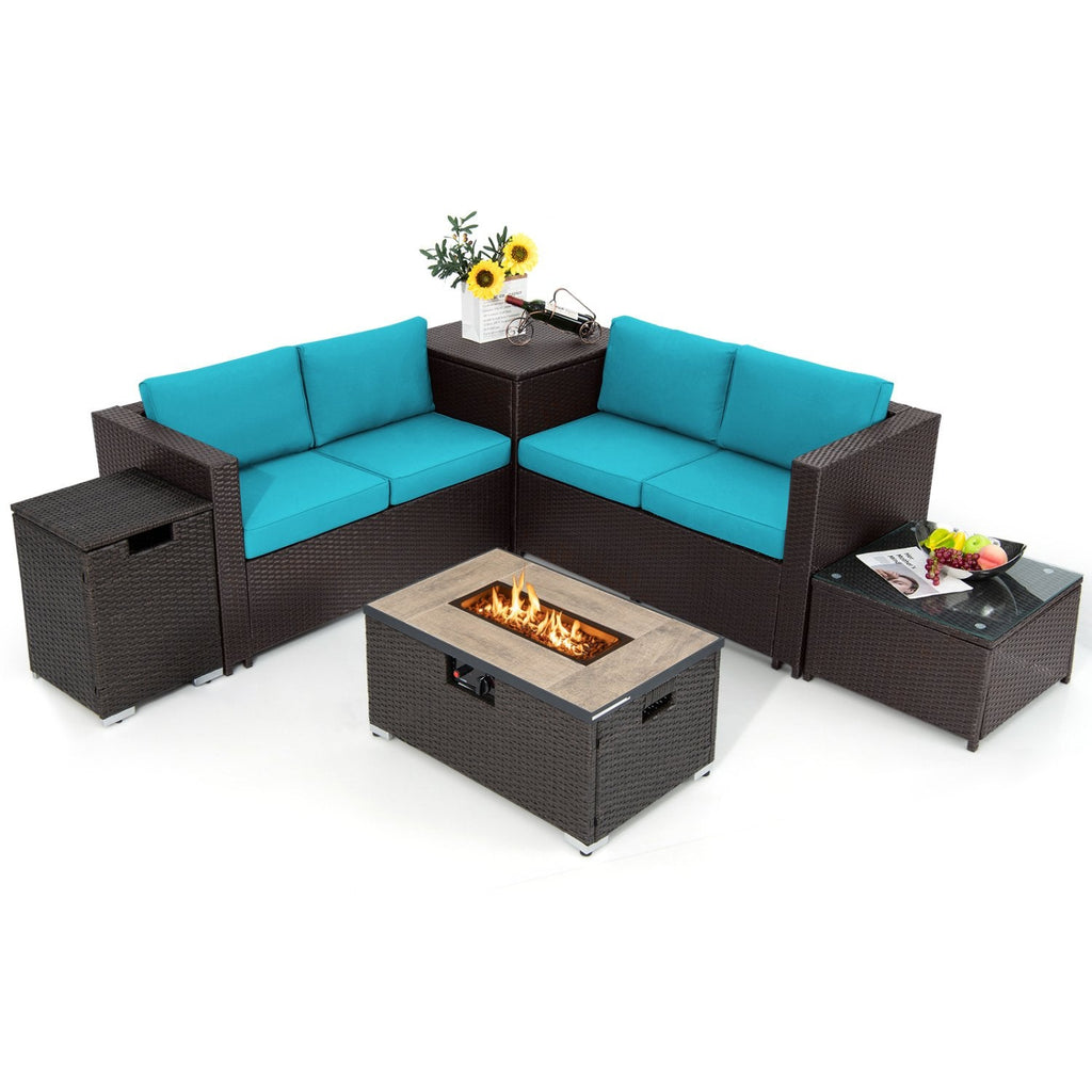 6 Piece Wicker Patio Conversation Set with 32 in Propane Fire Pit Table, Turquoise Cushions