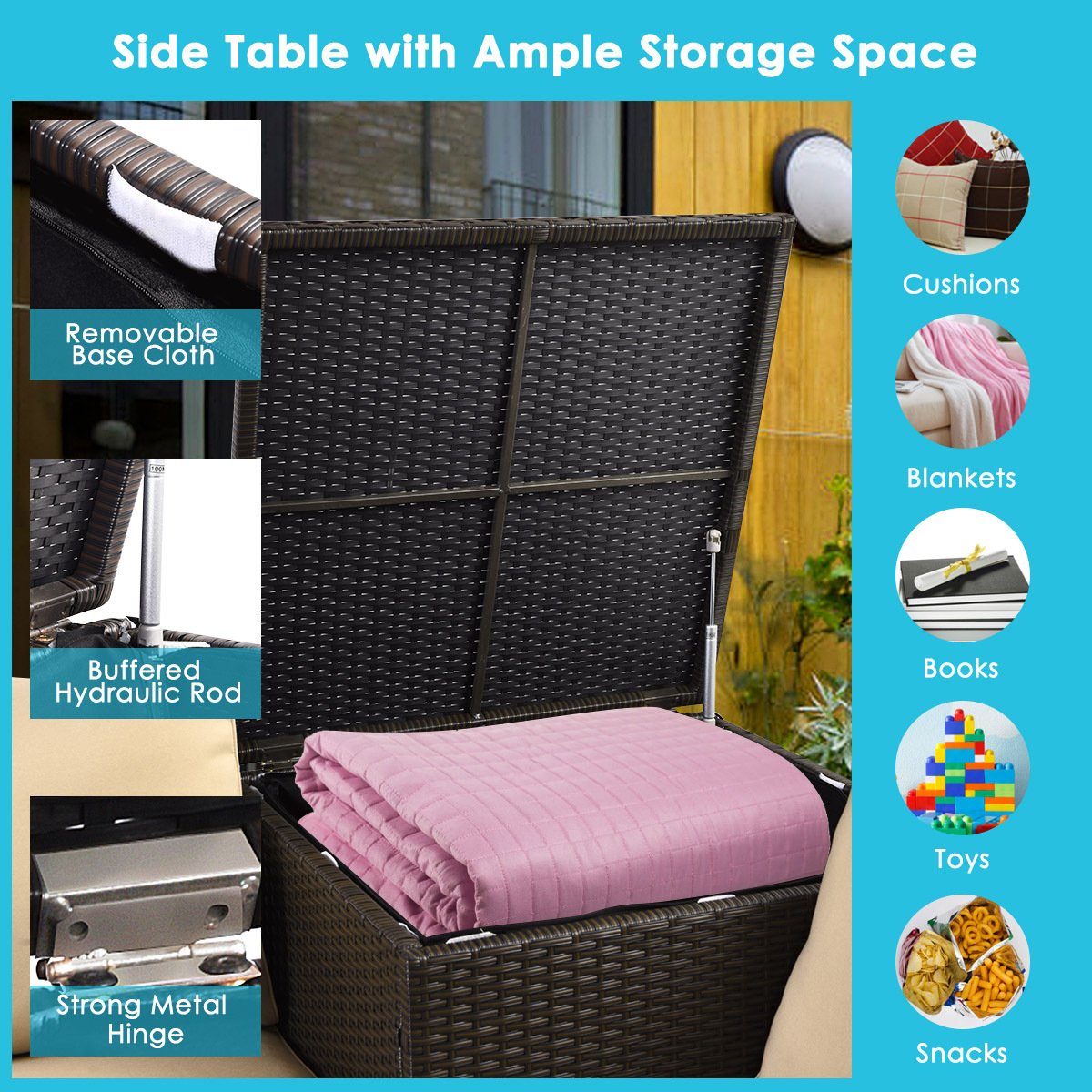 6 Piece Wicker Patio Conversation Set with 32 in Propane Fire Pit Table, Turquoise Cushions