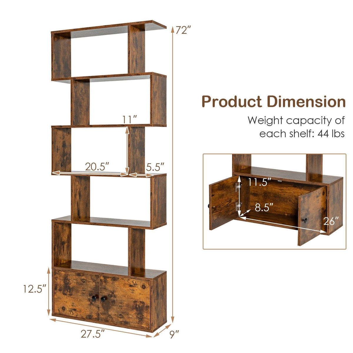 Estantería en forma de S de 6 niveles con armario de 2 puertas, unidad de exhibición independiente, marrón café
