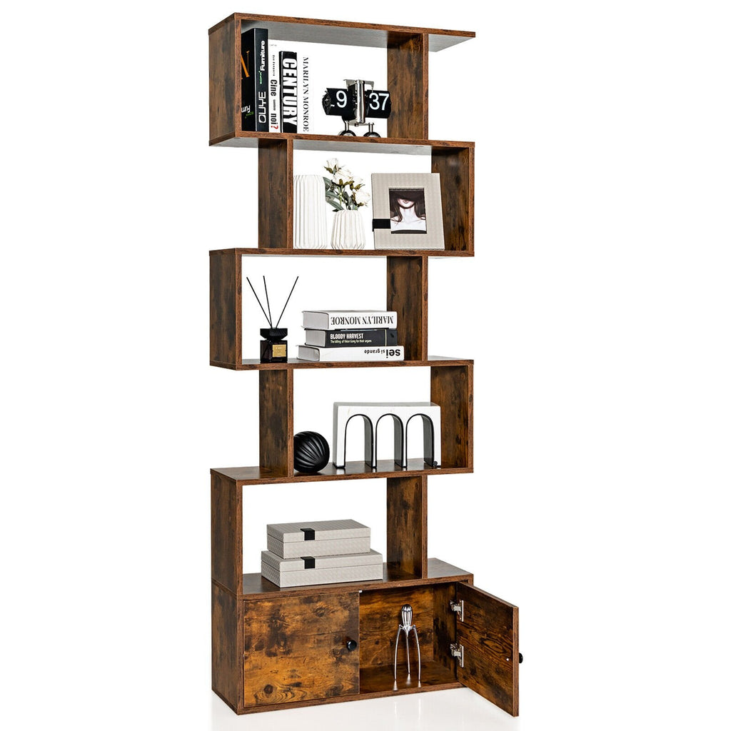 Estantería en forma de S de 6 niveles con armario de 2 puertas, unidad de exhibición independiente, marrón café