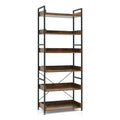 Librería industrial de 6 niveles con 4 ganchos, estantes de madera marrón sobre una estructura de metal negro