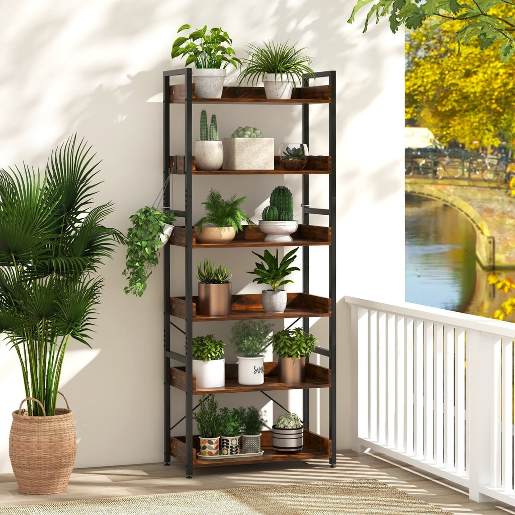 Librería industrial de 6 niveles con 4 ganchos, estantes de madera marrón sobre una estructura de metal negro