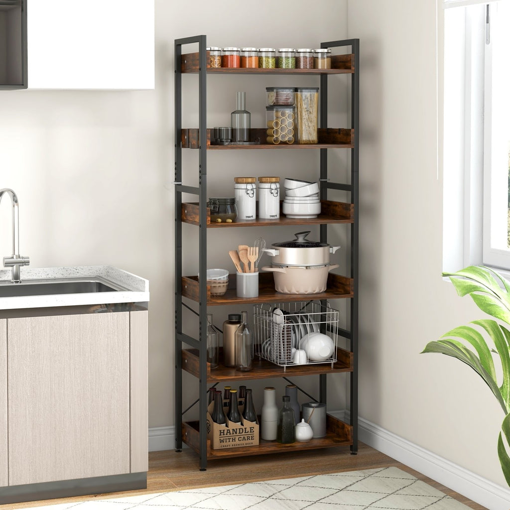 Librería industrial de 6 niveles con 4 ganchos, estantes de madera marrón sobre una estructura de metal negro